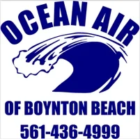 A blue and white logo for ocean air of boynton beach.