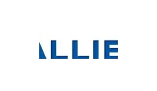 A blue and white logo of allie